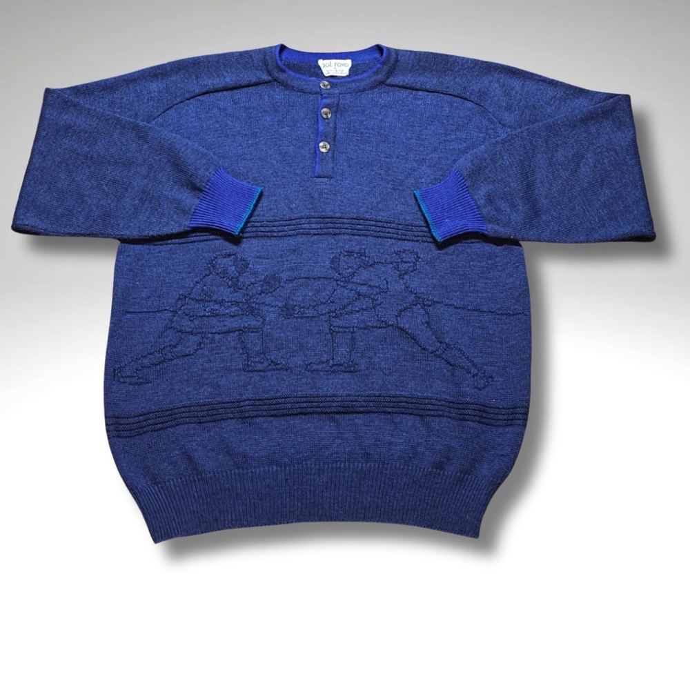 Vtg Pat Rava Belgian Knit Fencing Motif Academia Wool Blend Henley Sweater